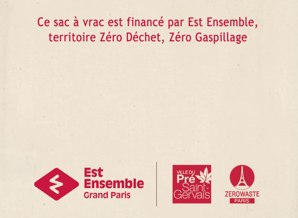 Détail d'un sac à vrac financé par Est Ensemble, on voit entre autres le logo de Zero Waste Paris.
